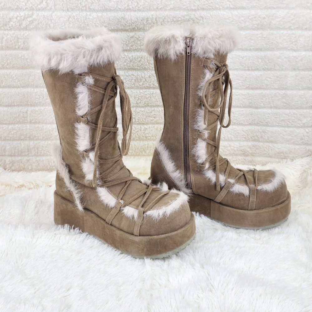 311 Cubby Tan Platform Furry Go-go Mammoth Stomper Knee Boots - Picture 10 of 12